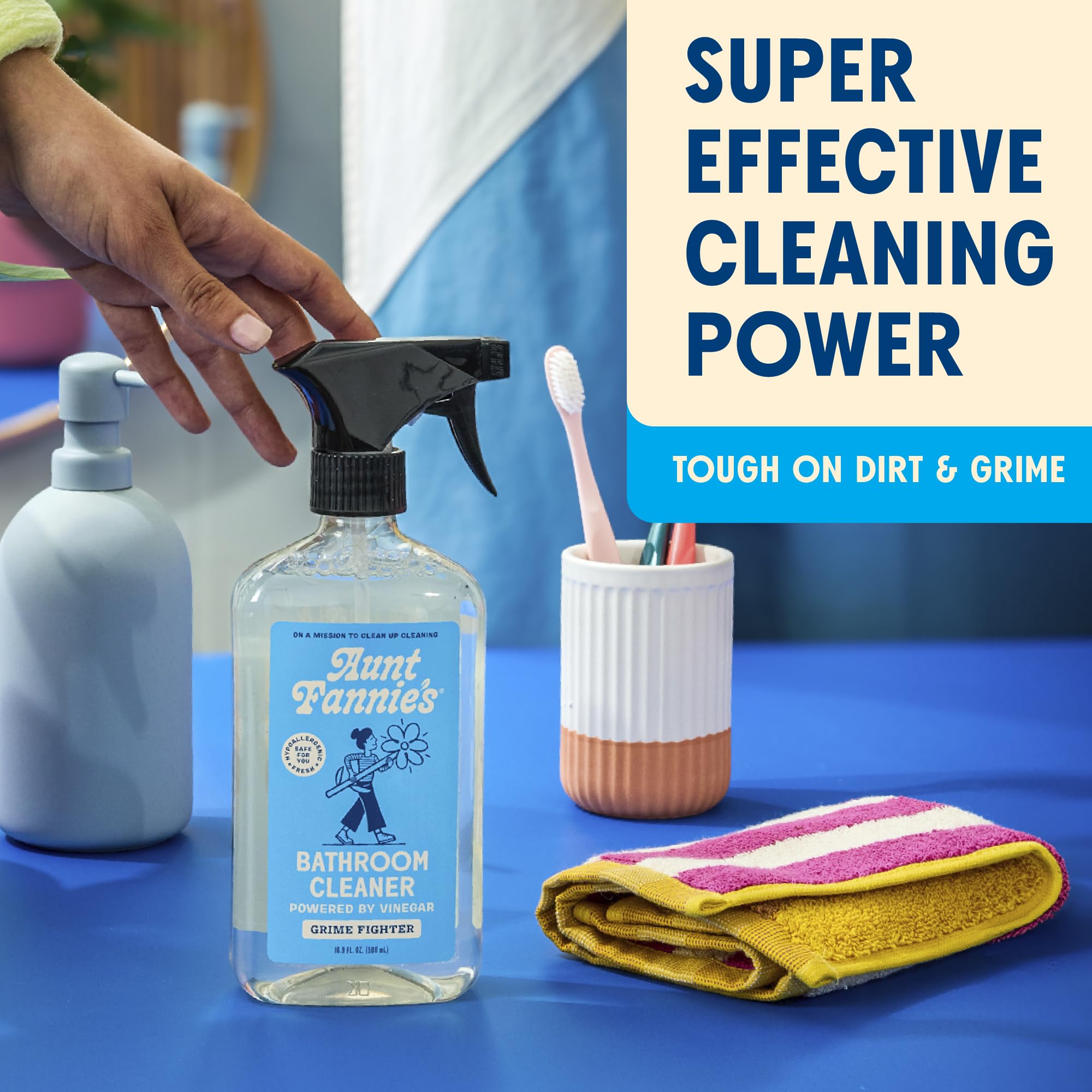 Aunt Fannie's all-purpose bathroom cleaner spray-action demonstrates fast-acting grime lifting on surfaces.