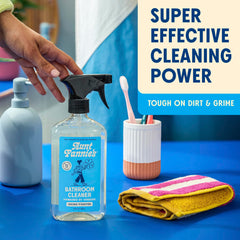 Aunt Fannie's all-purpose bathroom cleaner spray-action demonstrates fast-acting grime lifting on surfaces.