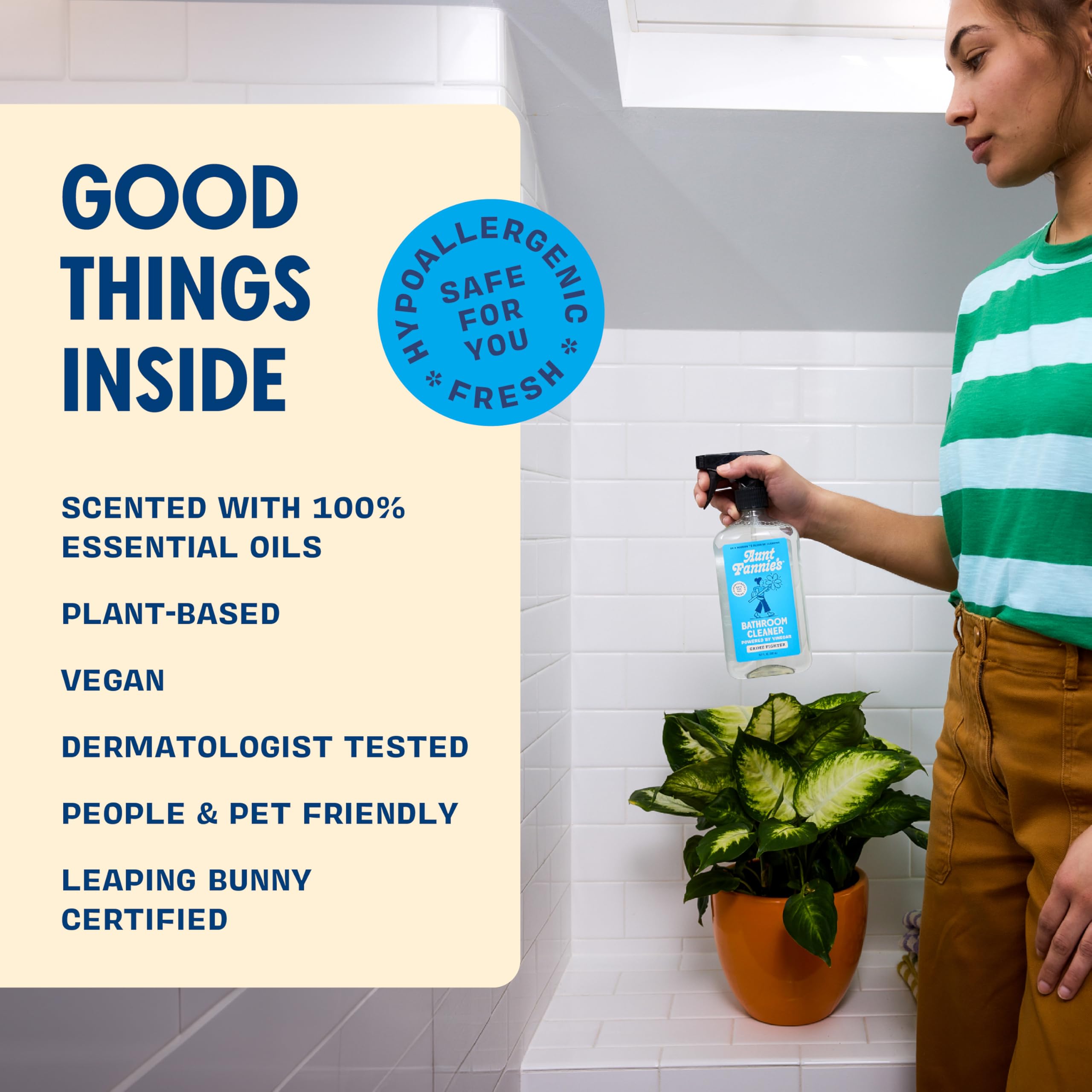 Aunt Fannie's all-purpose bathroom cleaner packaging highlights cruelty-free, vegan credentials for ethical cleaning.