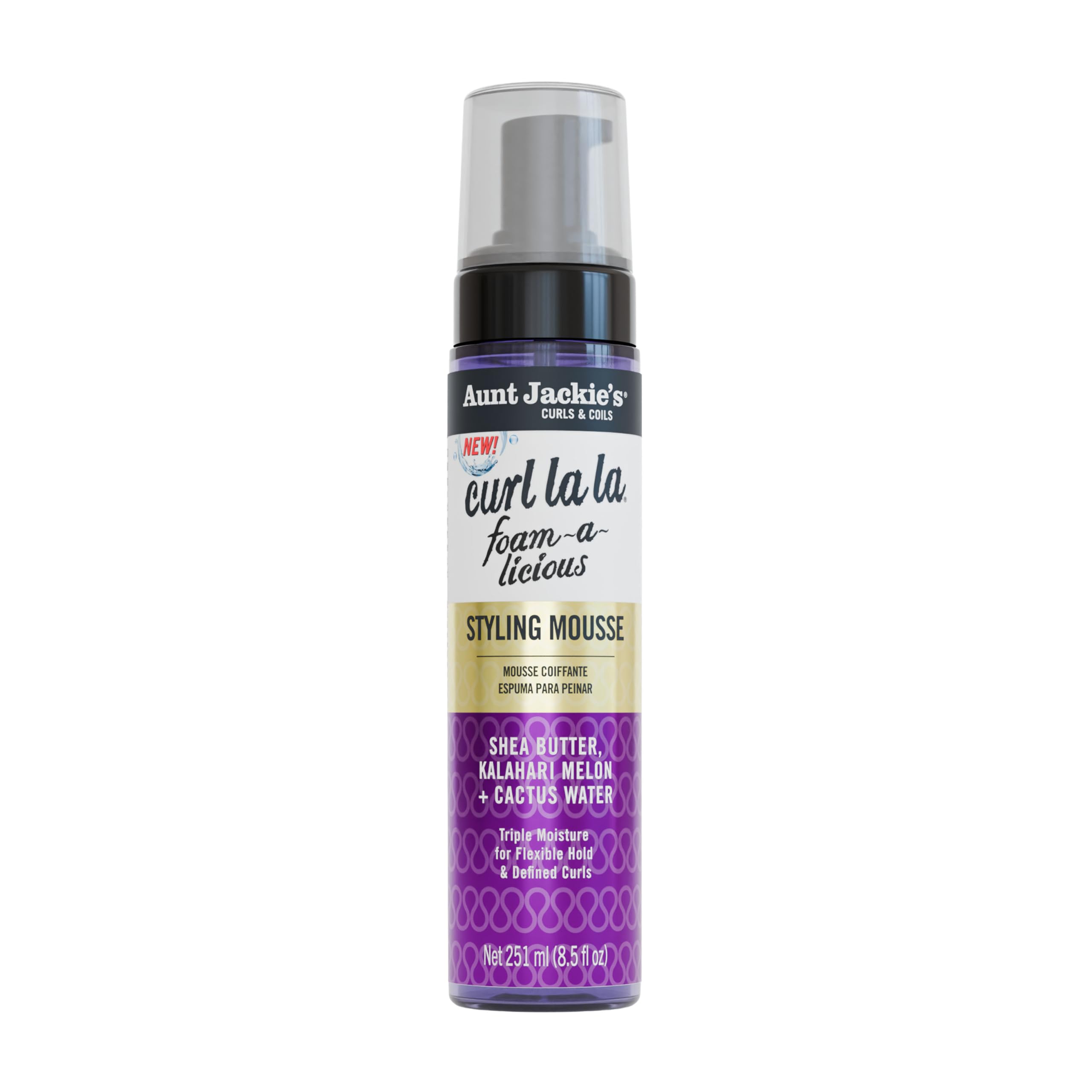 Aunt Jackie's Curl La La Foam-a-licious bottle on shelf defines flexible curls