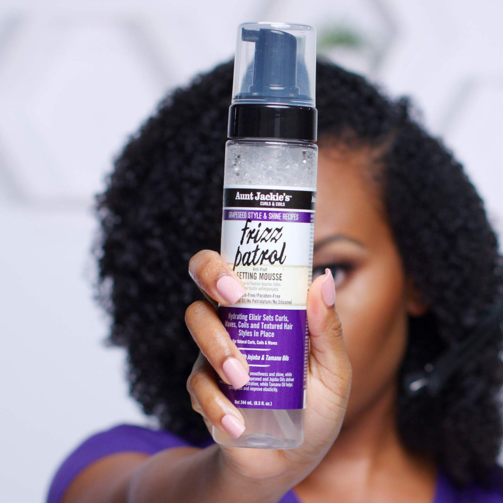Aunt Jackie's Frizz Patrol mousse on waves showing defined curls.