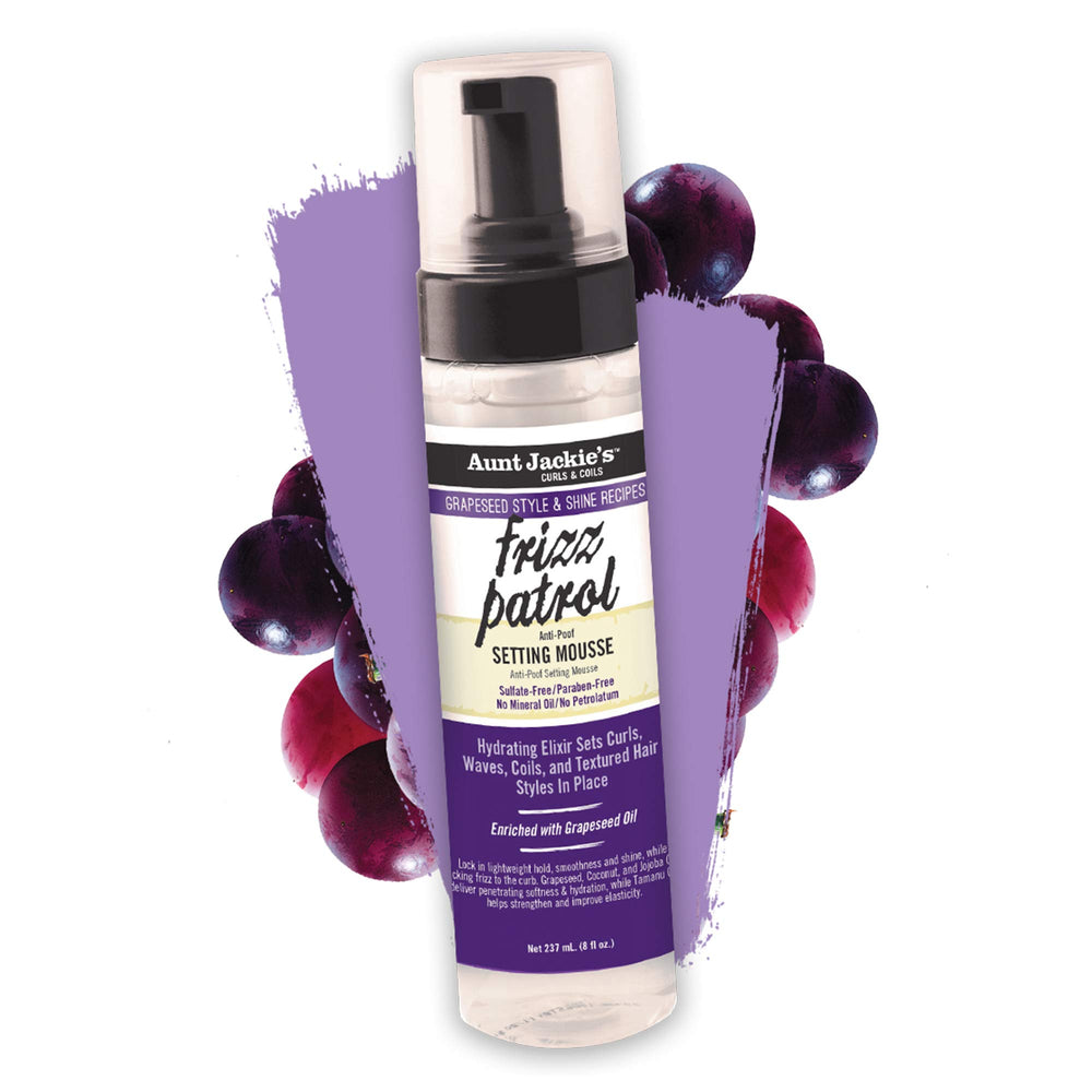 Aunt Jackie's Frizz Patrol mousse applied on damp hair for definition.
