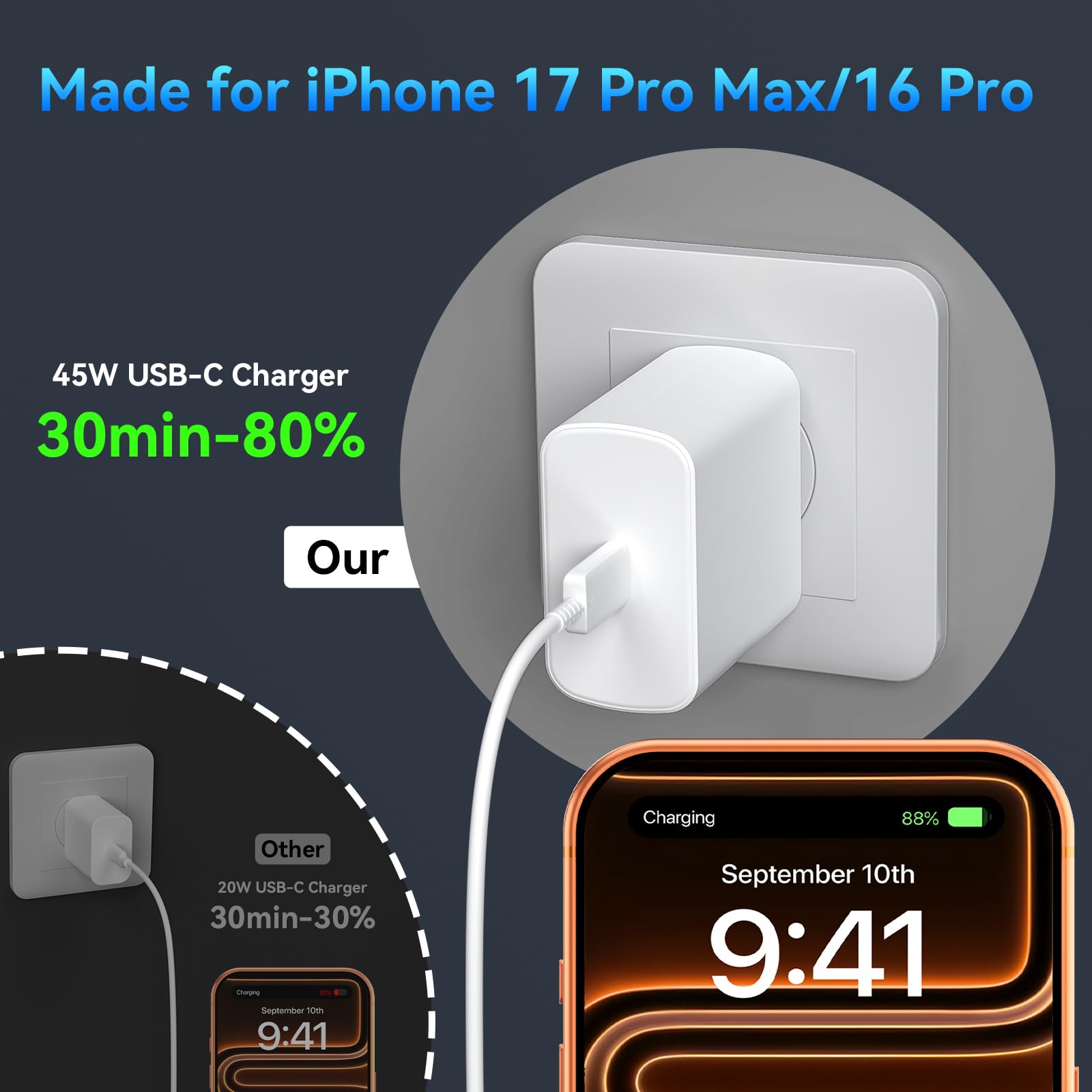Auorld 10ft USB-C cable length for flexible charging.