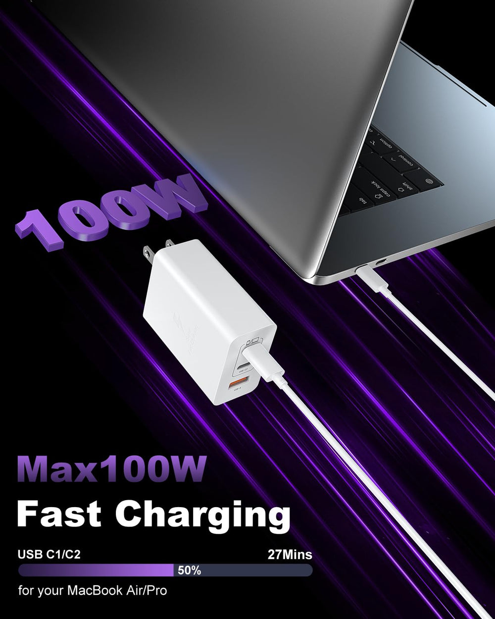 Auorld GaN III chip enables efficient, compact charging in a travel-ready block.