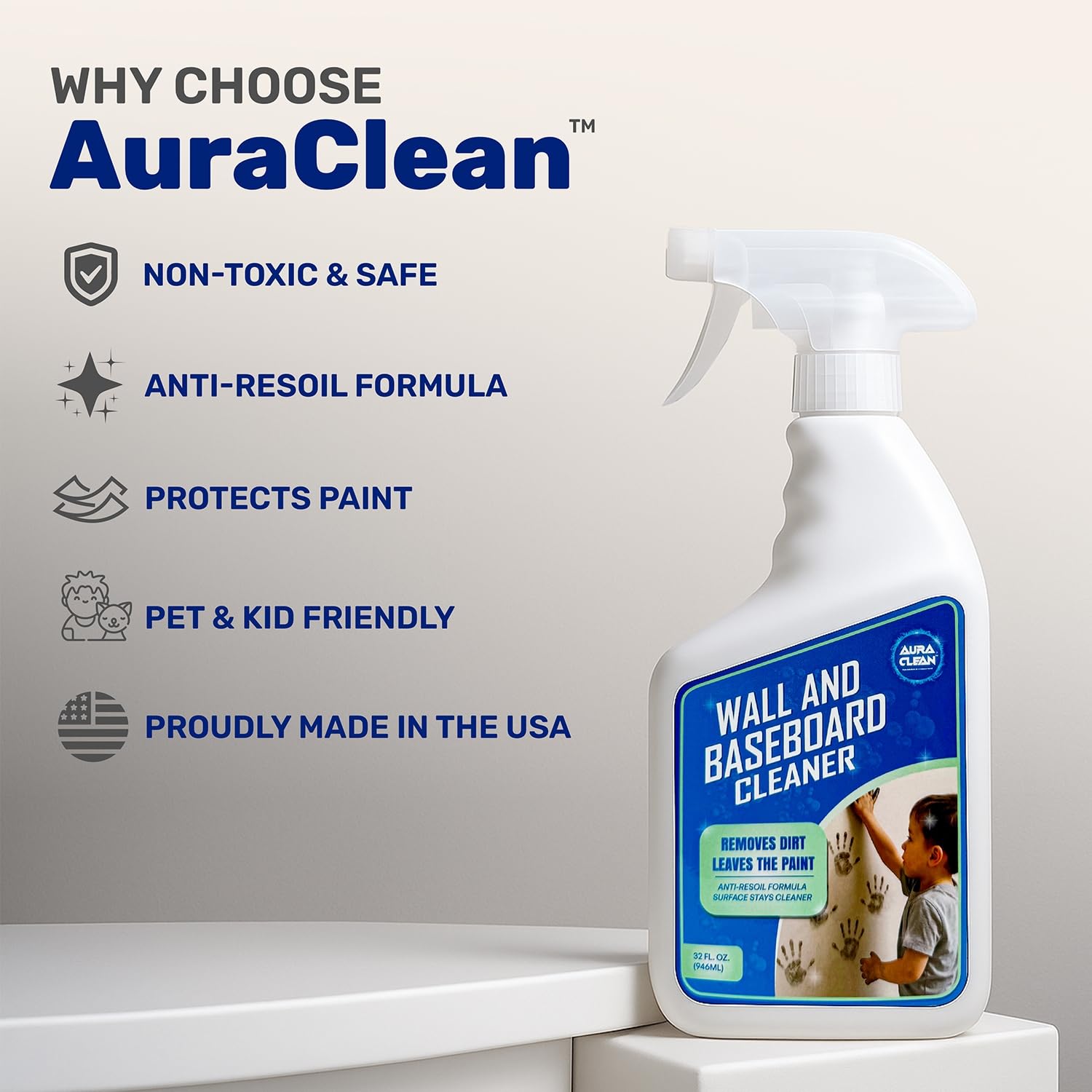 AuraClean anti-soil protection micro-layer seen on wall helps repel future messes.