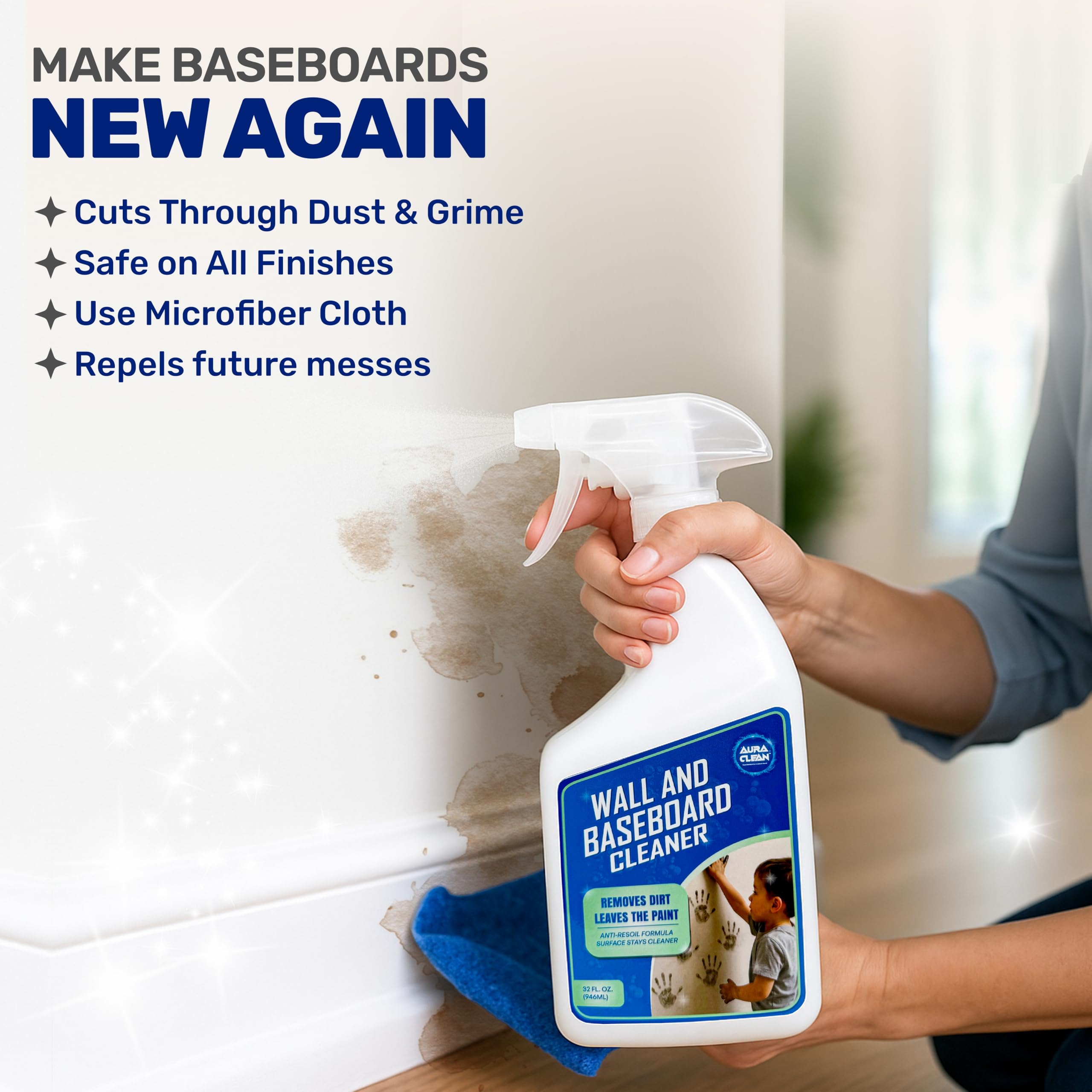 AuraClean no-rinse spray-action shown on painted trim for easy wipe-down.