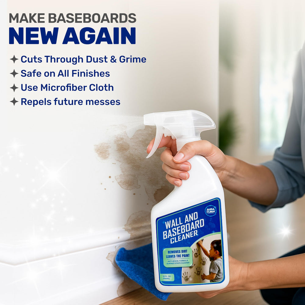 AuraClean no-rinse spray-action shown on painted trim for easy wipe-down.