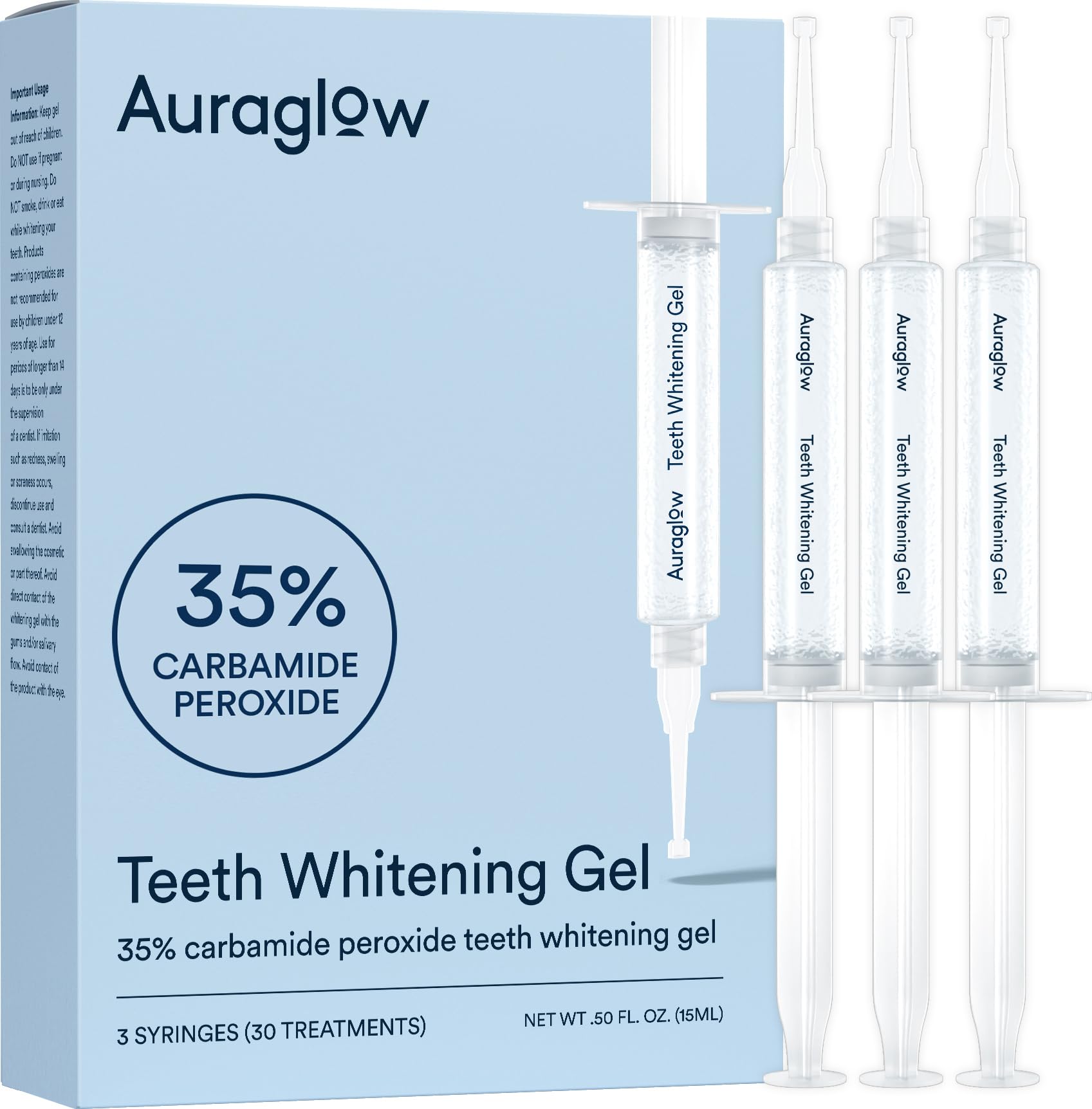 Auraglow 35% gel syringe ready for tray application to brighten teeth at home.