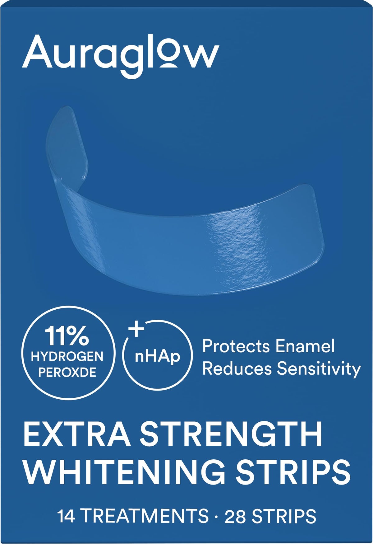 AuraGlow extra strength whitening strips packaging for at-home whitening