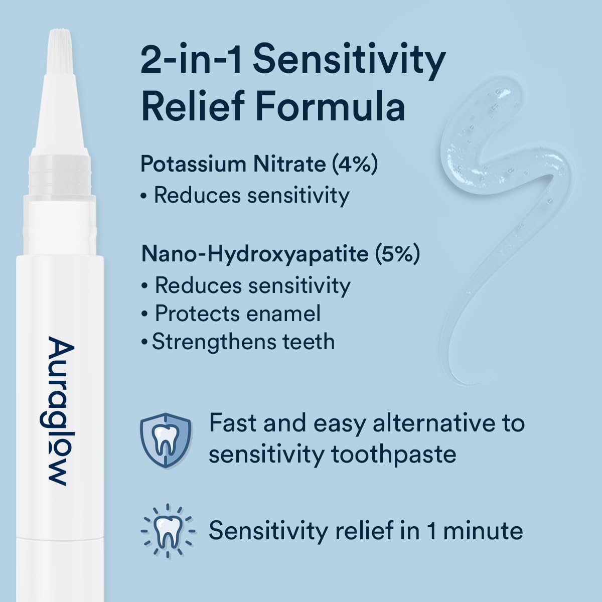 AURAGLOW potassium nitrate formula in serum pen shows 4% strength for sensitivity focus.