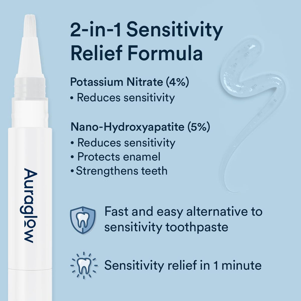 AURAGLOW potassium nitrate formula in serum pen shows 4% strength for sensitivity focus.