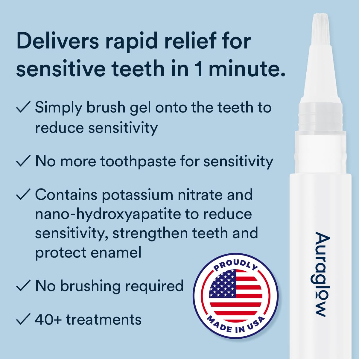 AURAGLOW Serum Gel Application targets teeth and gums for on-the-go relief.