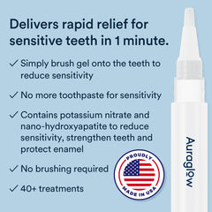 AURAGLOW Serum Gel Application targets teeth and gums for on-the-go relief.
