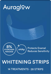 Auraglow teeth whitening strips packaging showing 14 treatments for sensitive whitening
