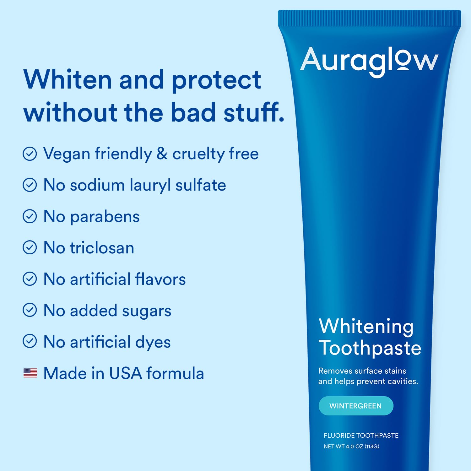 Auraglow toothpaste tube label shows American-made, fluoride protection.