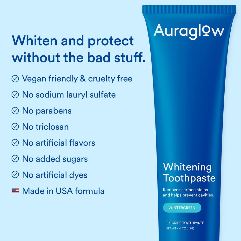Auraglow toothpaste tube label shows American-made, fluoride protection.