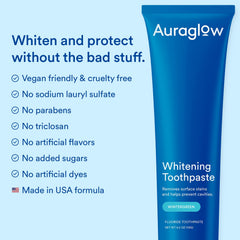 Auraglow toothpaste tube label shows American-made, fluoride protection.