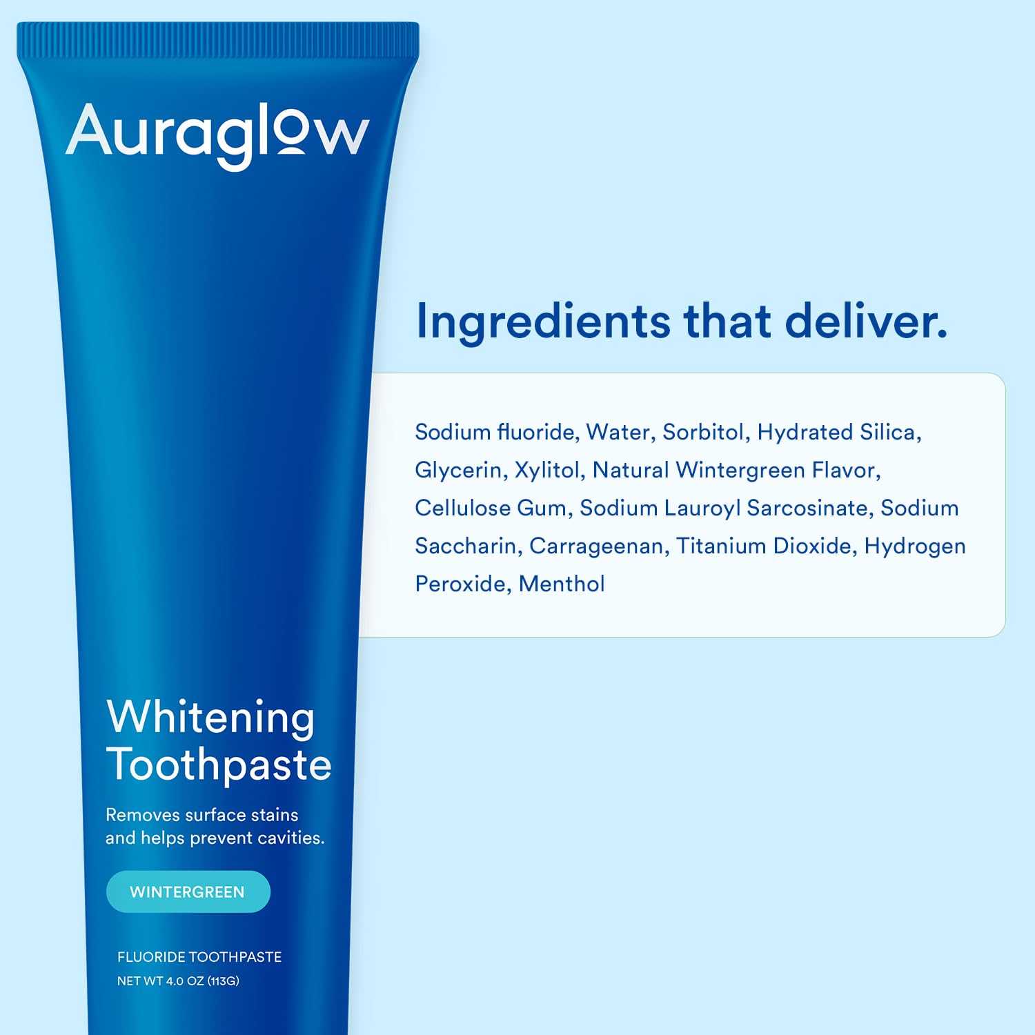 Auraglow wintergreen flavor close-up emphasizing fresh breath after brushing.