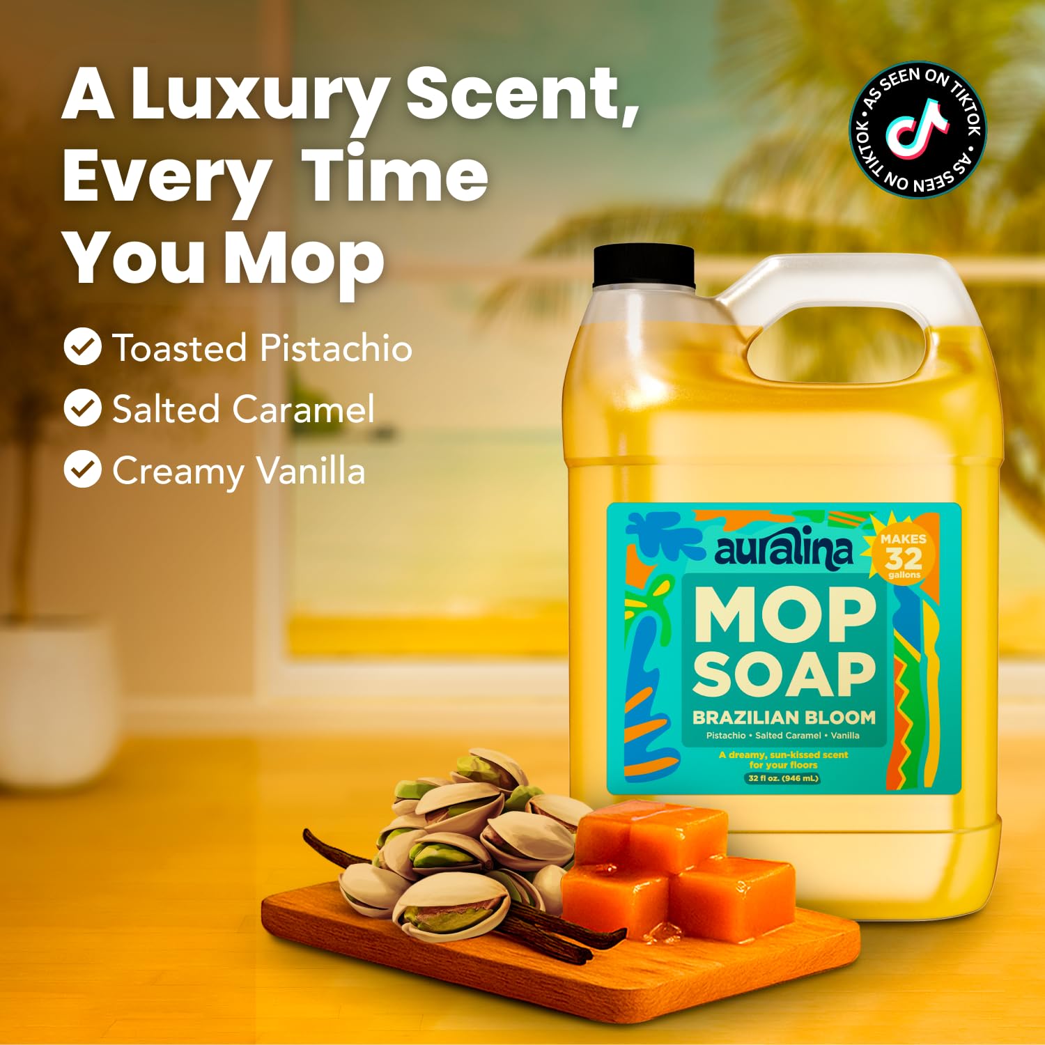 Auralina Bloom label closeup shows premium scent and concentrated formula for large-area cleaning.