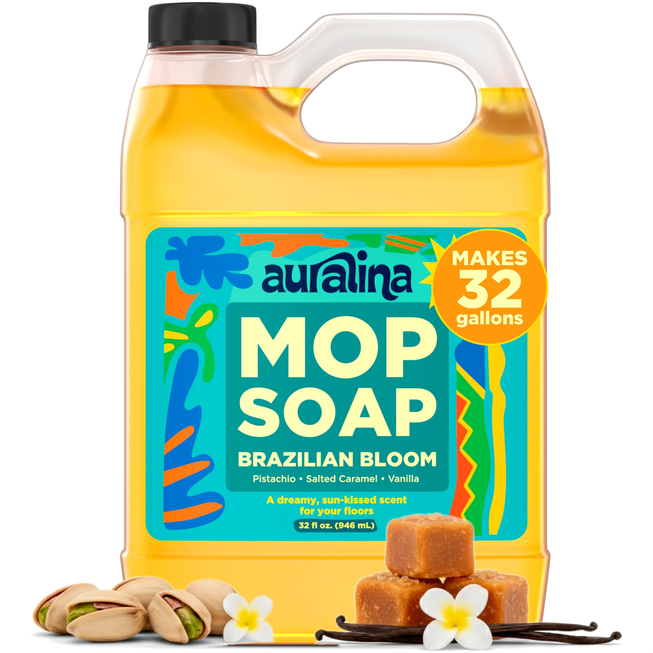 Auralina Brazilian Bloom bottle pour demonstrates easy dosing for thorough cleaning.