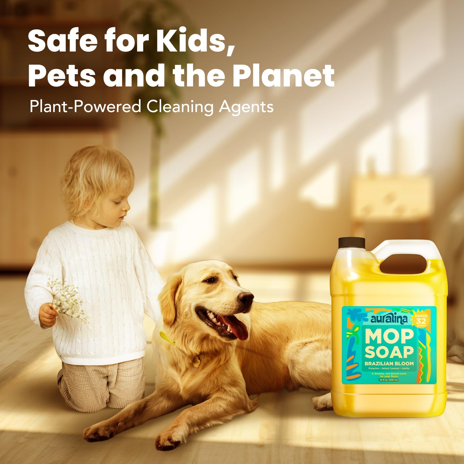 Auralina floor-cleaning close-up on wood and laminate shows versatile performance.