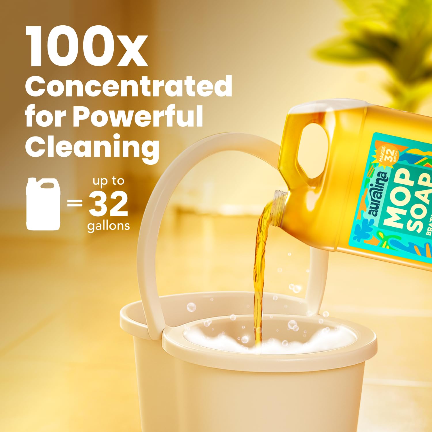 Auralina mop soap concentrated bottle demonstrates high-value cleaning with minimal product use.