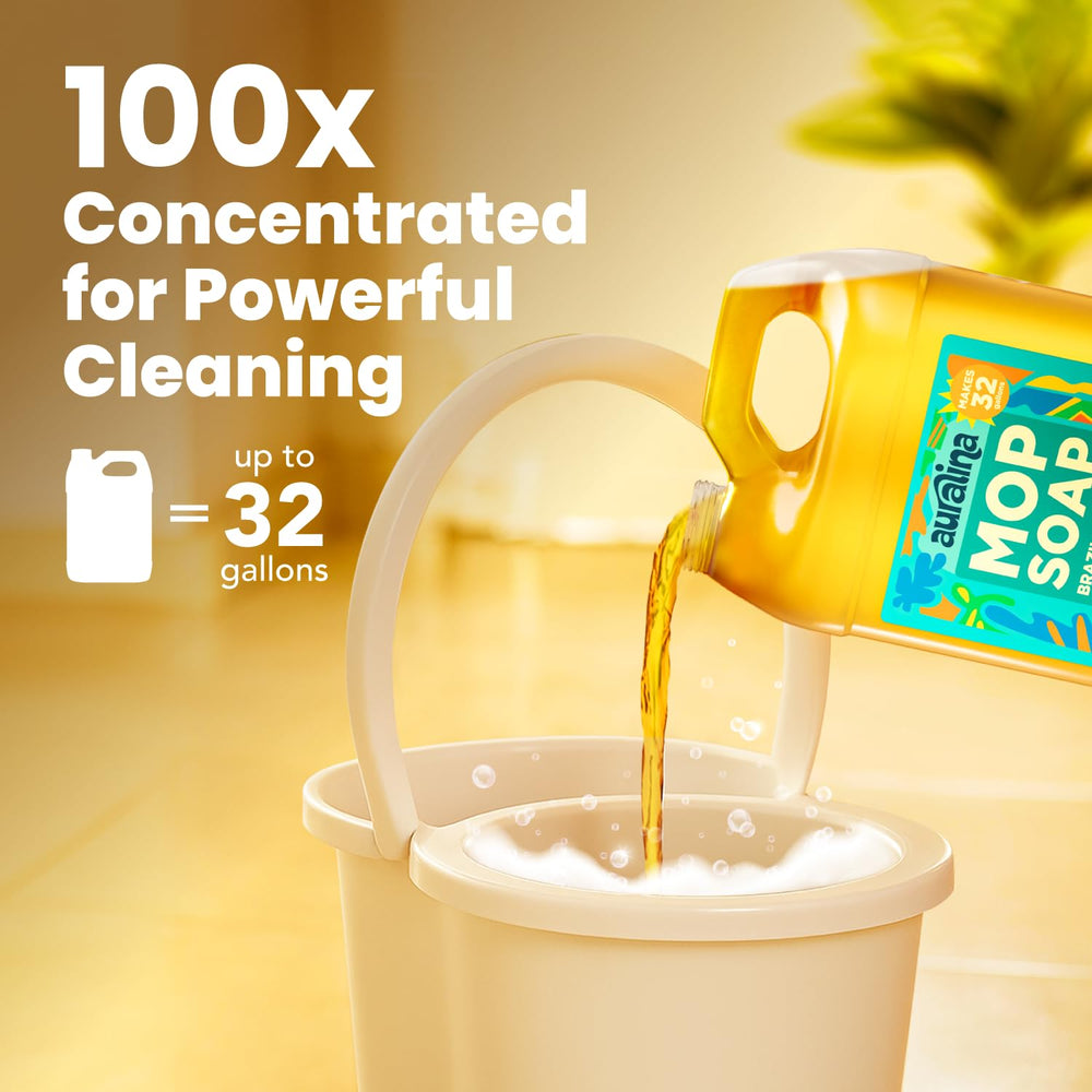 Auralina mop soap concentrated bottle demonstrates high-value cleaning with minimal product use.