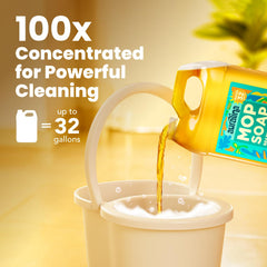 Auralina mop soap concentrated bottle demonstrates high-value cleaning with minimal product use.