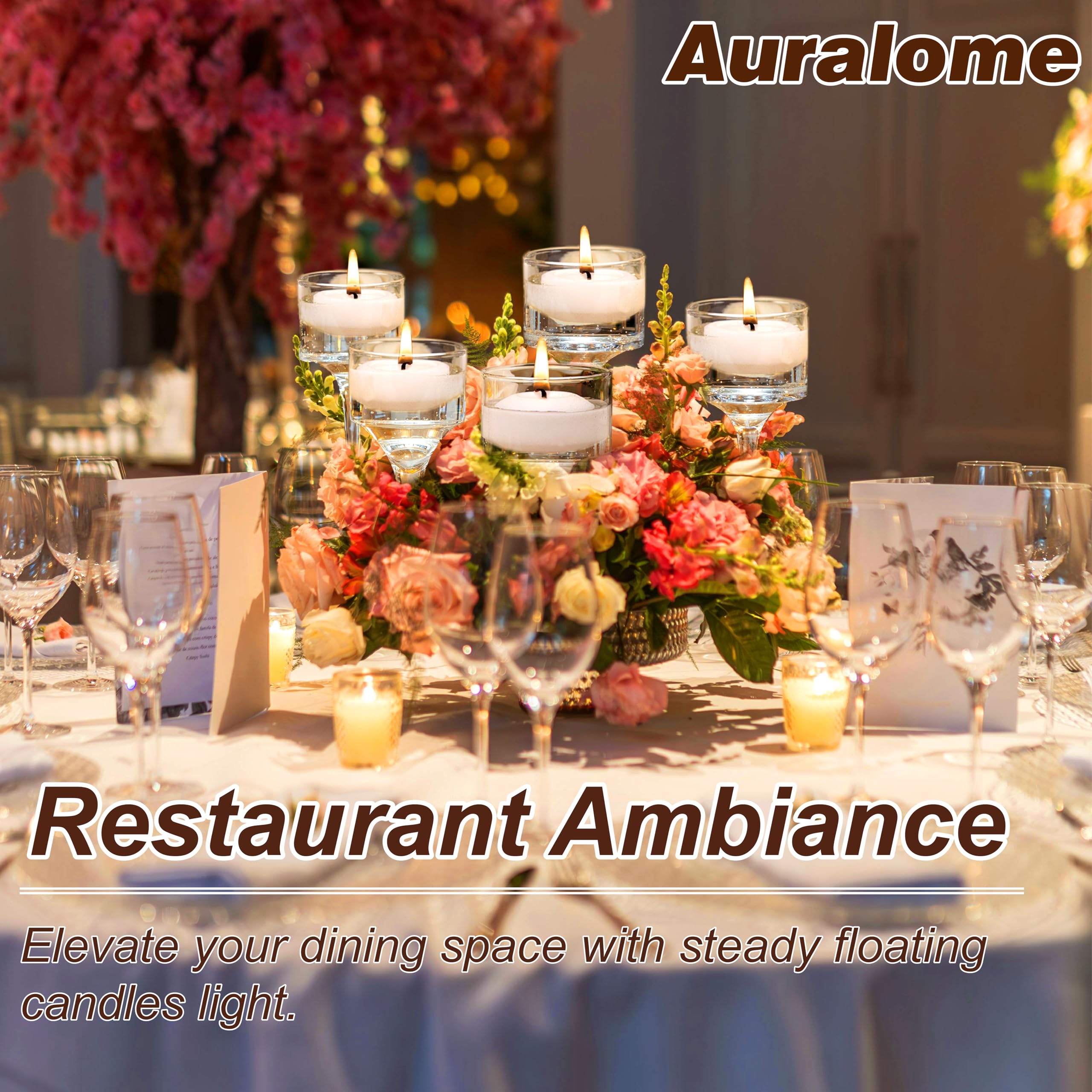 Auralome spa decor uses unscented floating candles for soothing lighting.