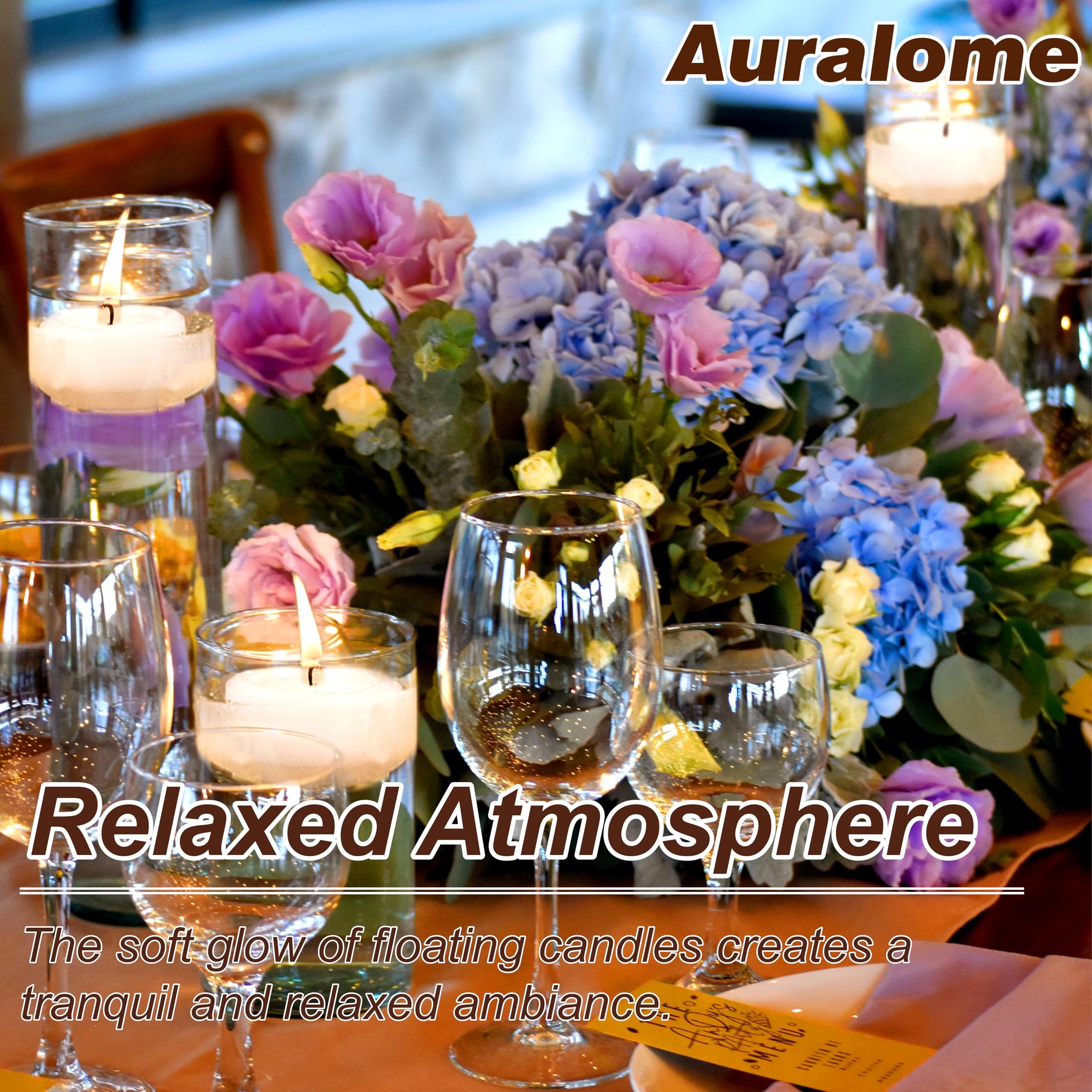 Auralome wedding-table decor with floating candles for romantic glow.