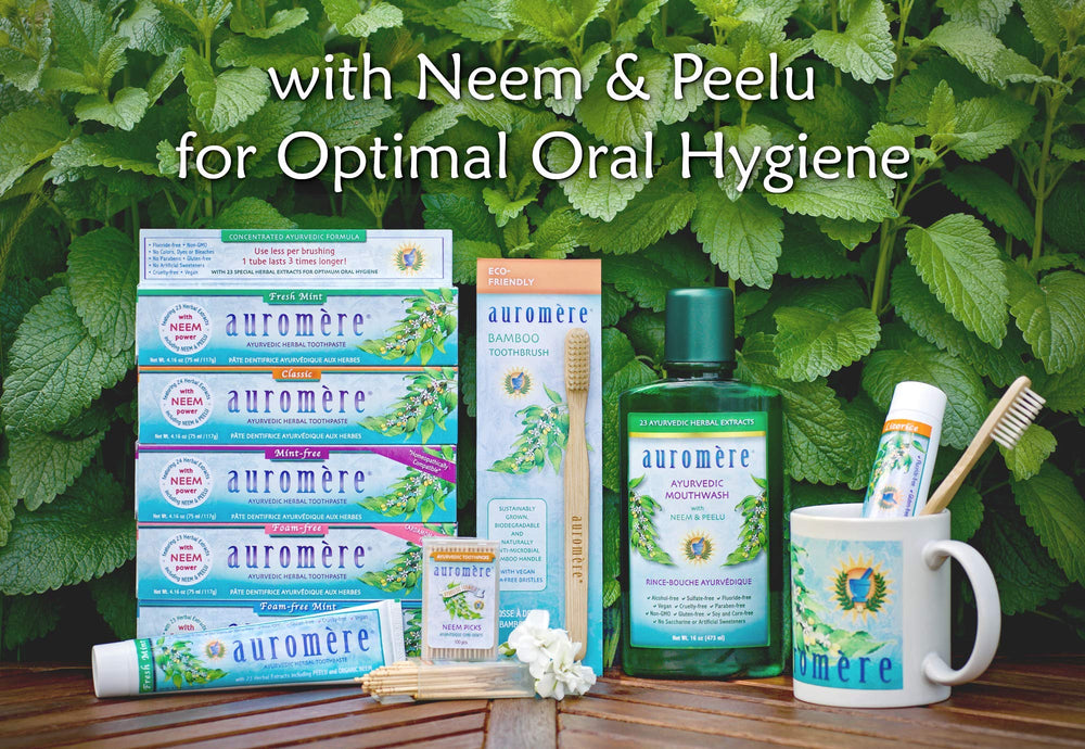 Auromere herbal-formula mouthwash with 23 herbs supports clean breath.