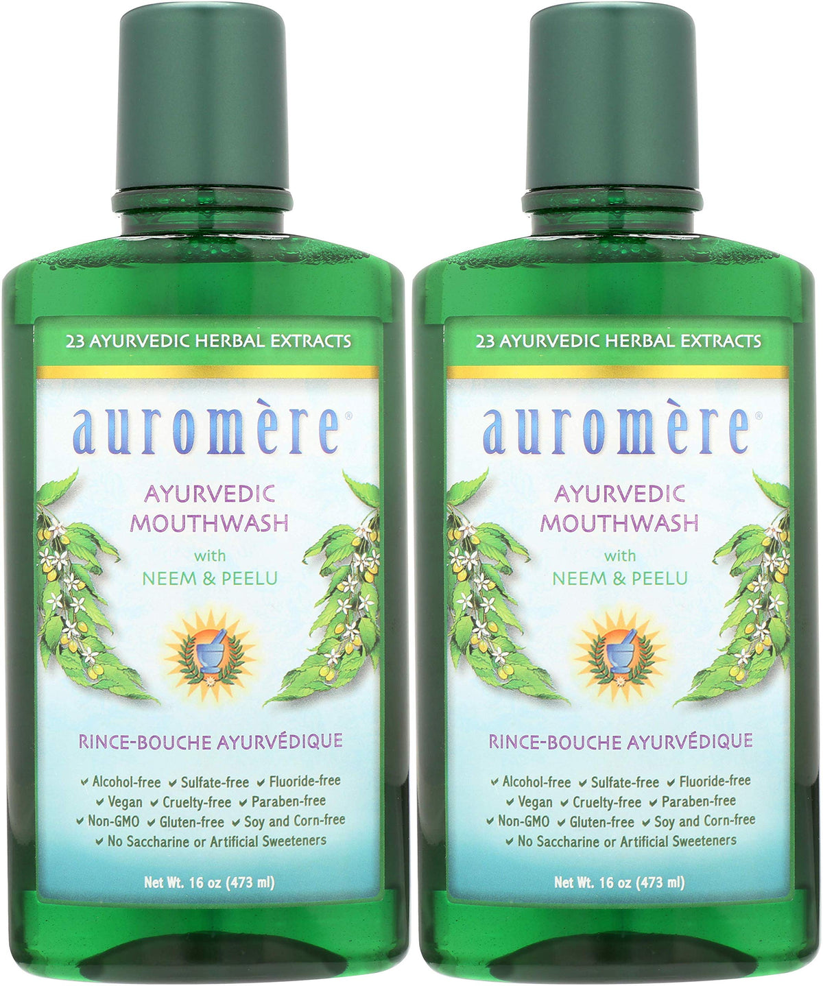 Auromere mouthwash bottle-pour for long-lasting freshness.