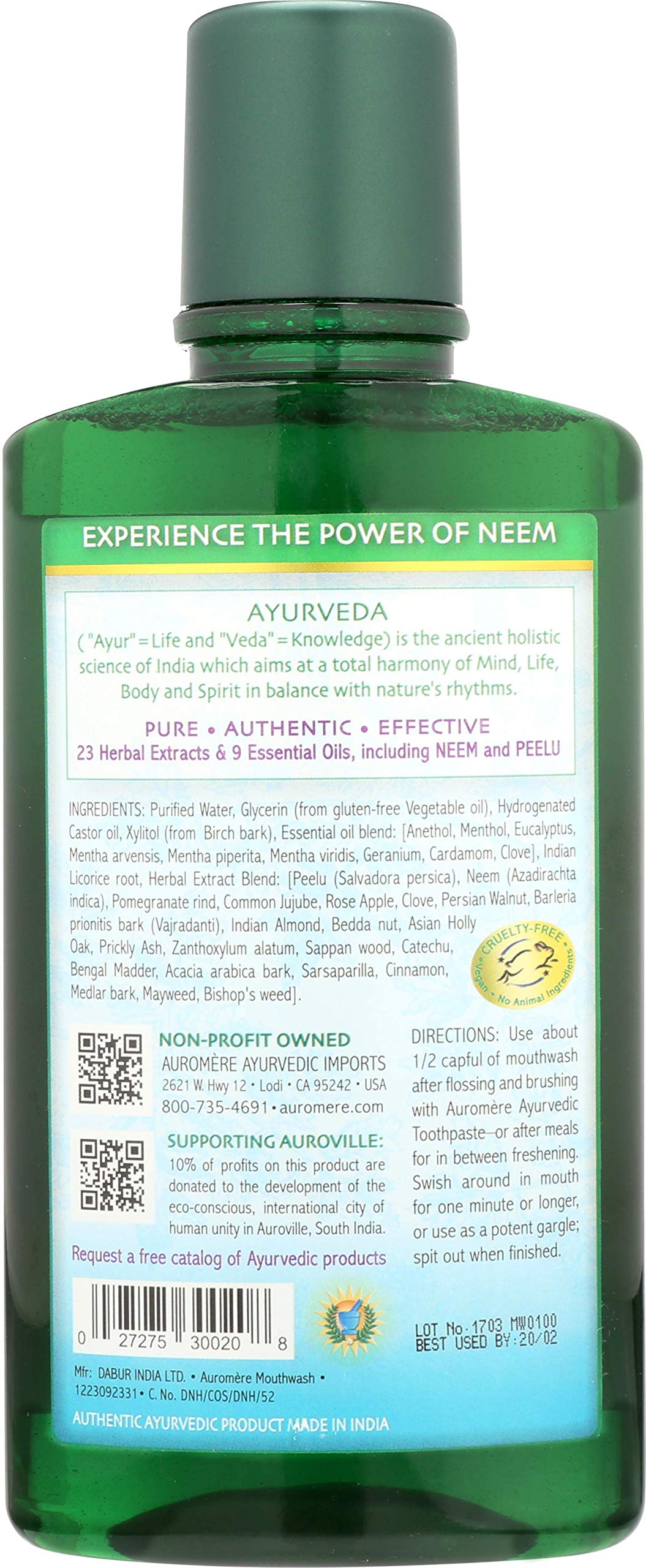 Auromere neem-extracts mouthwash highlights natural ingredients for gum care.