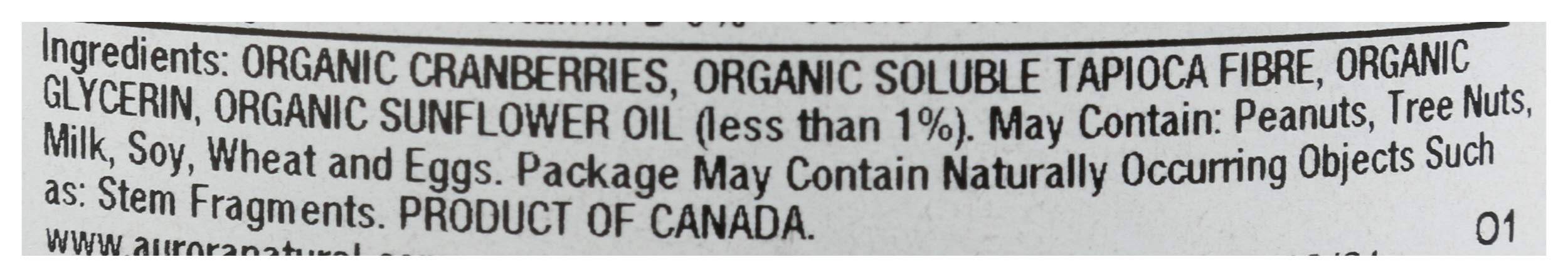 Aurora Organic Dried Cranberries ingredients label highlights clean ingredients