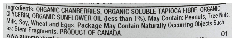 Aurora Organic Dried Cranberries ingredients label highlights clean ingredients
