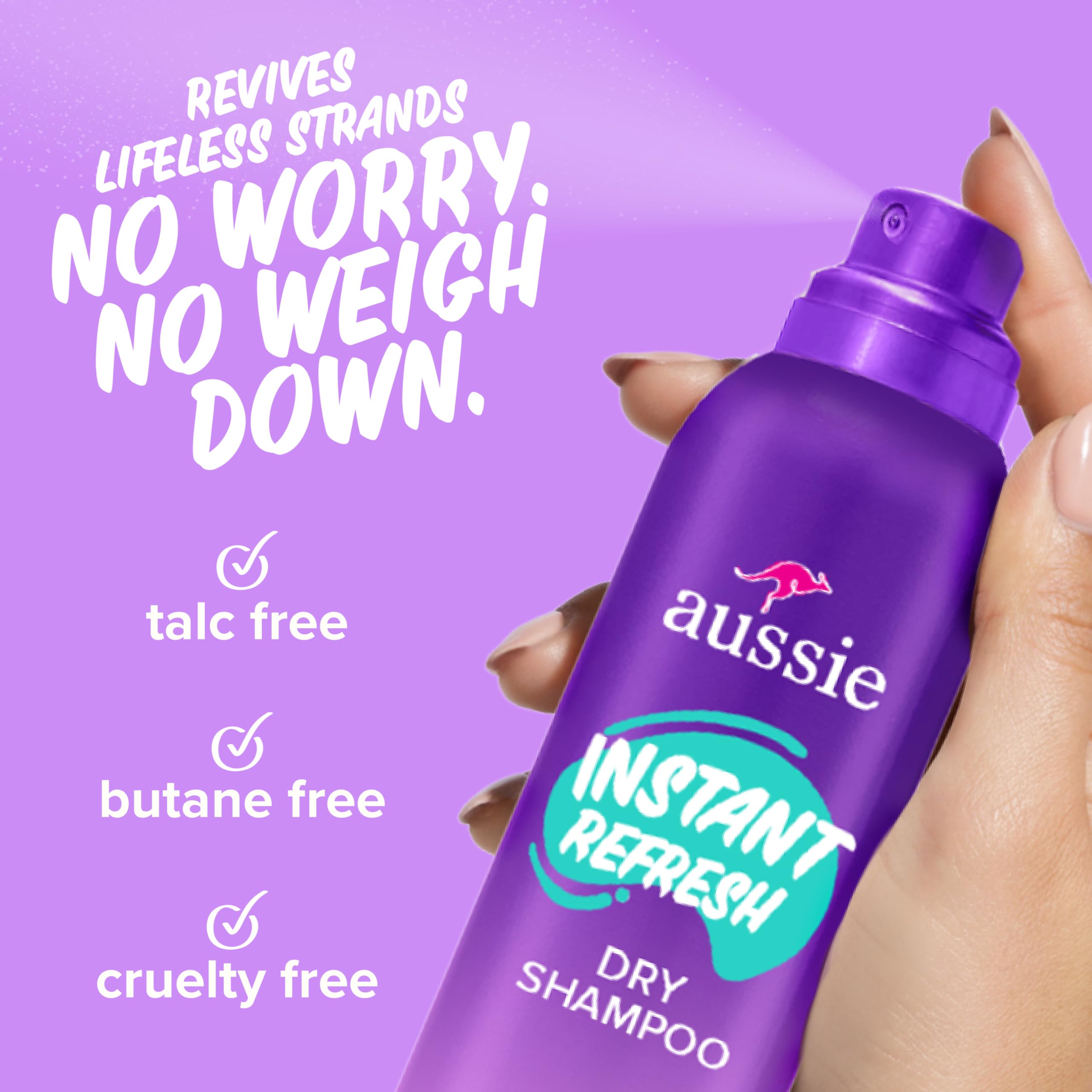 Aussie Instant Refresh ingredients highlight talc-free, butane-free formula.