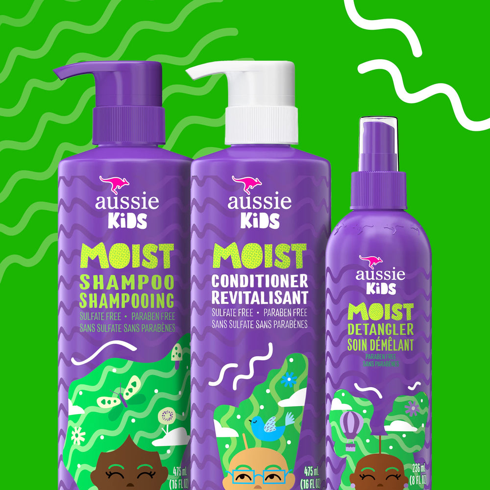 Closeup of Aussie Kids conditioner label and tropical scent notes