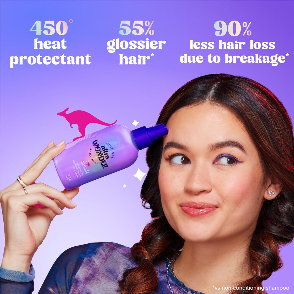 Hands spraying mist onto damp hair to detangle and prep for styling.