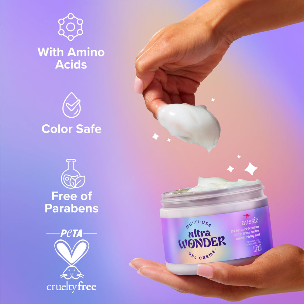 Aussie Ultra Wonder Gel Crème delivering 24-hour frizz control in humidity