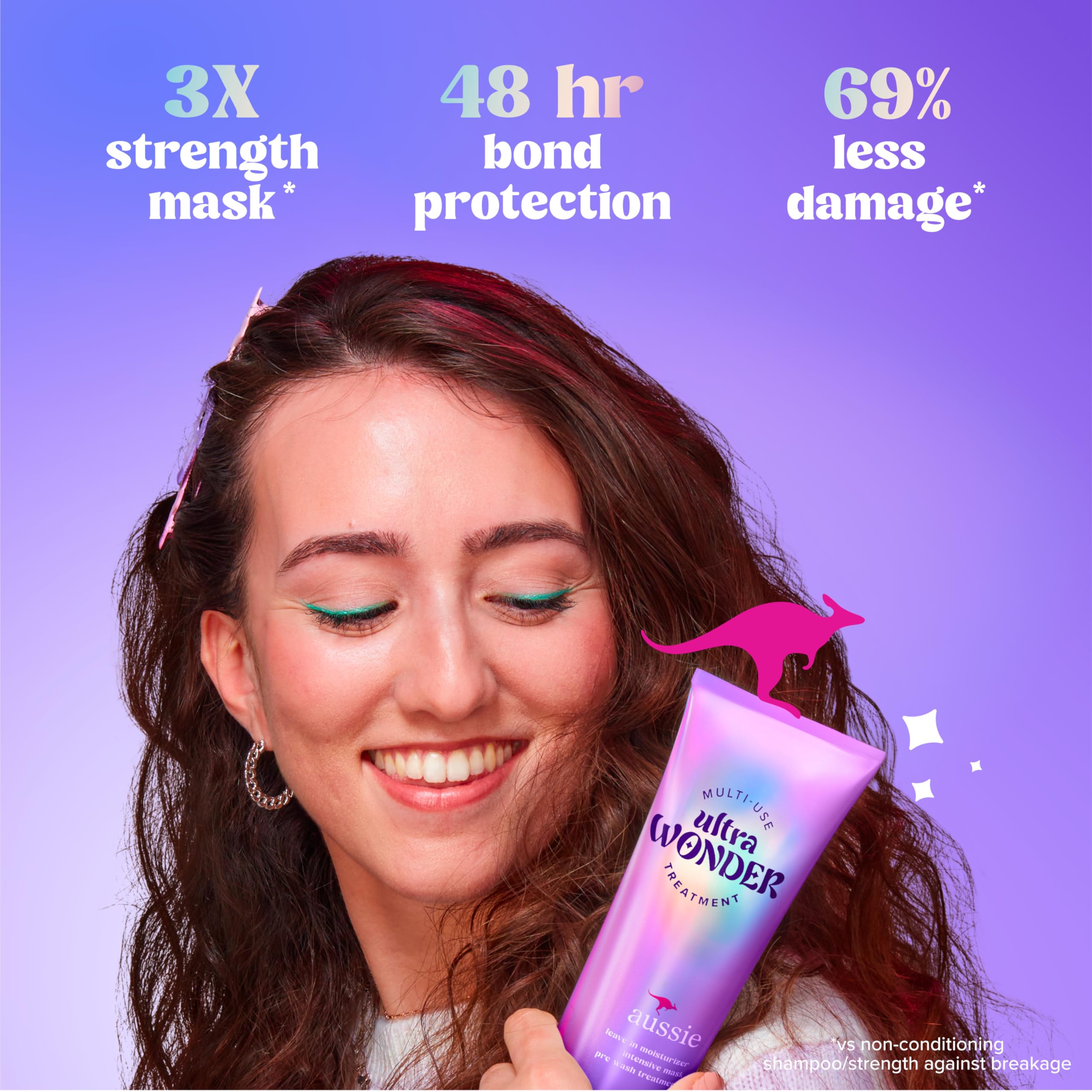 Aussie Ultra Wonder Treatment applying in shower on wet hair for detangling.