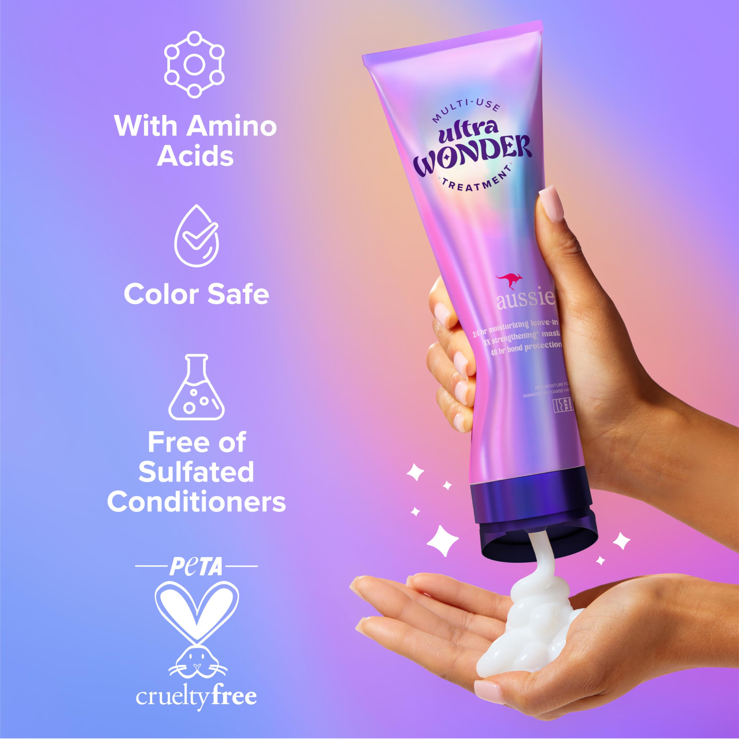 Aussie Ultra Wonder Treatment leave-in on damp hair for smoother ends.