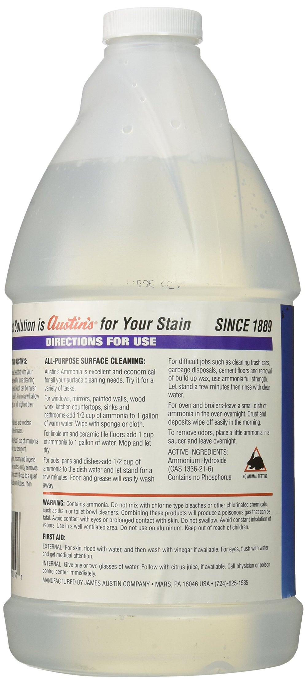 Austin's 00051 Clear Ammonia label highlighting multipurpose cleaning.