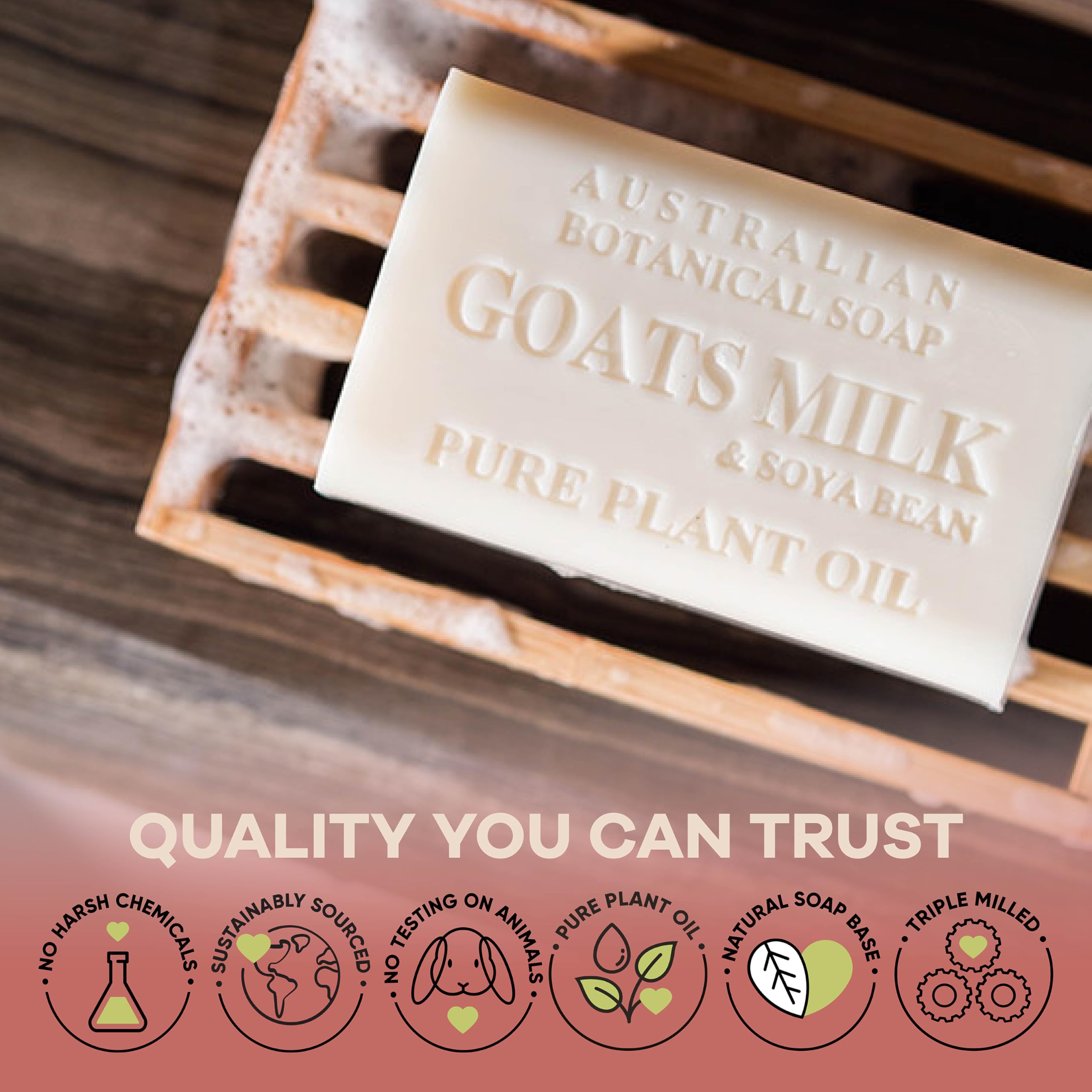 Australian Botanical Soap raspberry bar with goat milk and rich lather for skin-softening oils.
