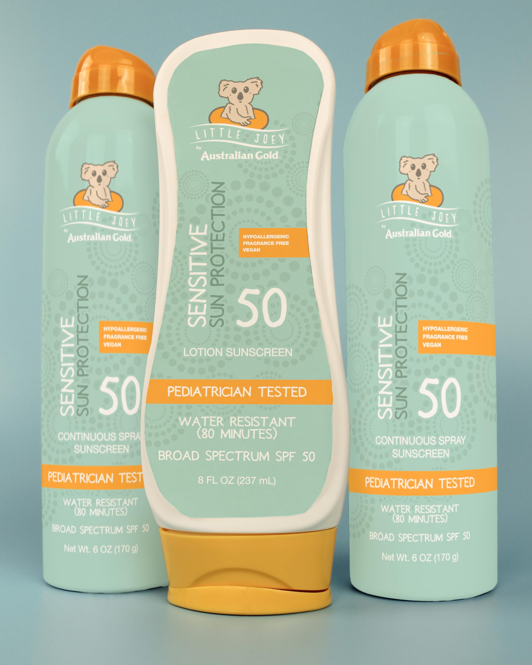 Australian Gold Little Joey sunscreen packaging shows fragrance-free, vegan formula