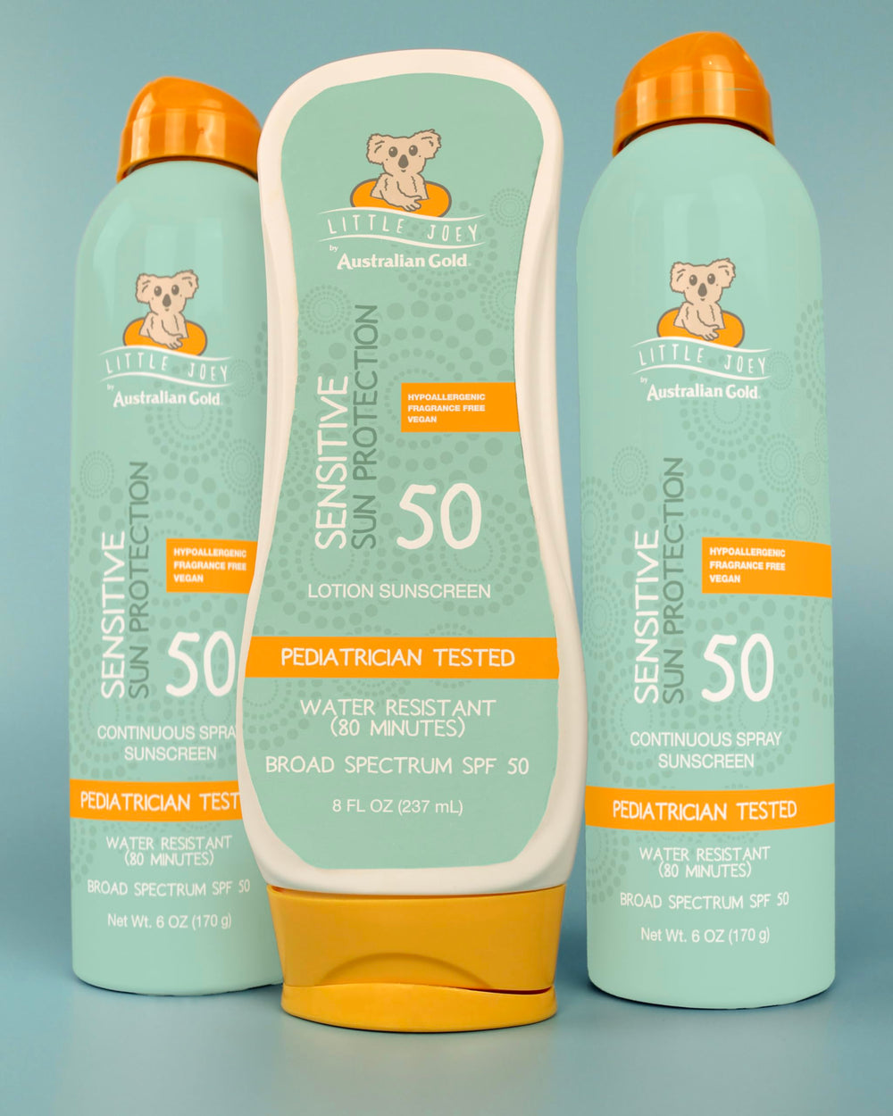Australian Gold Little Joey sunscreen packaging shows fragrance-free, vegan formula