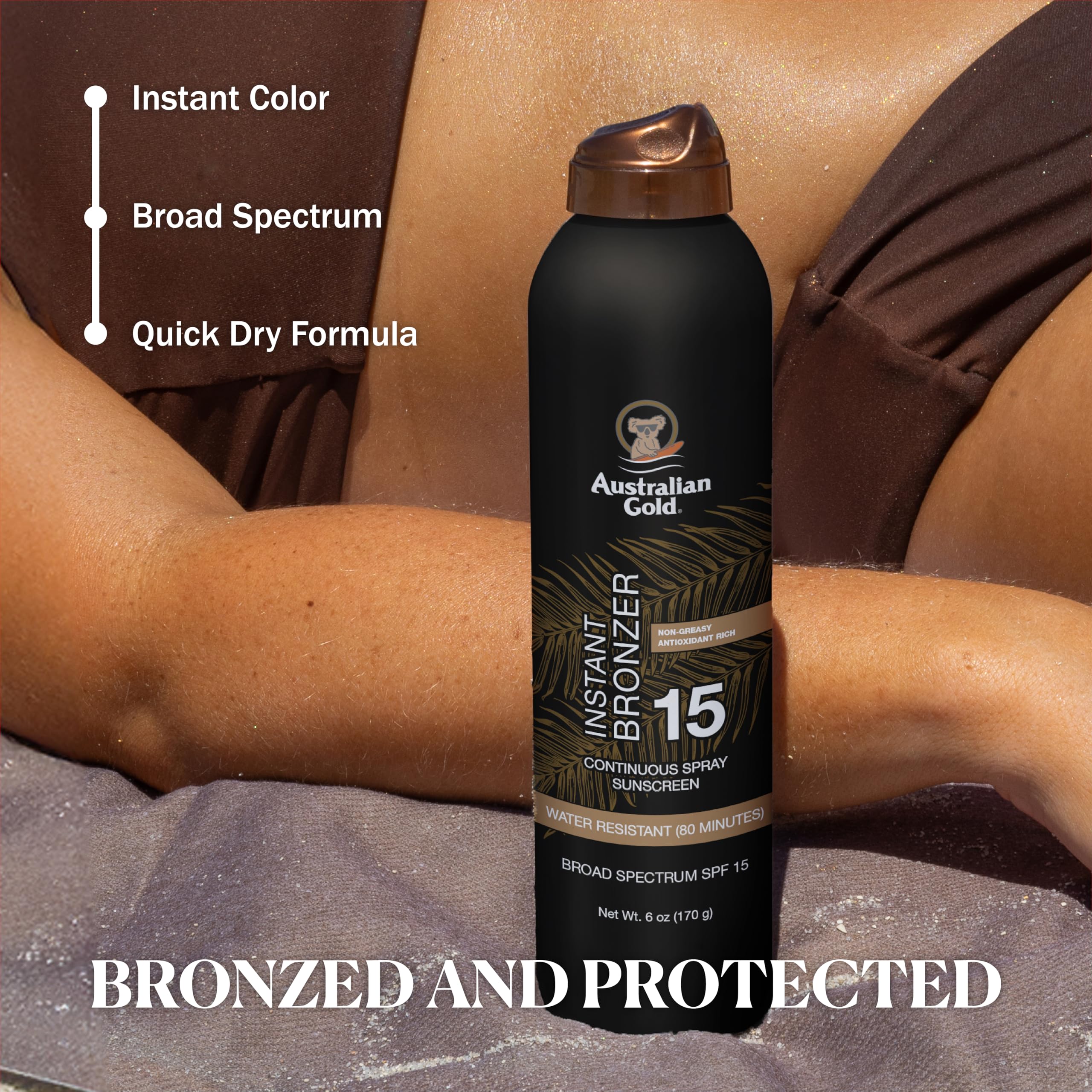 Label highlights SPF 15 and water resistance for broad spectrum protection.