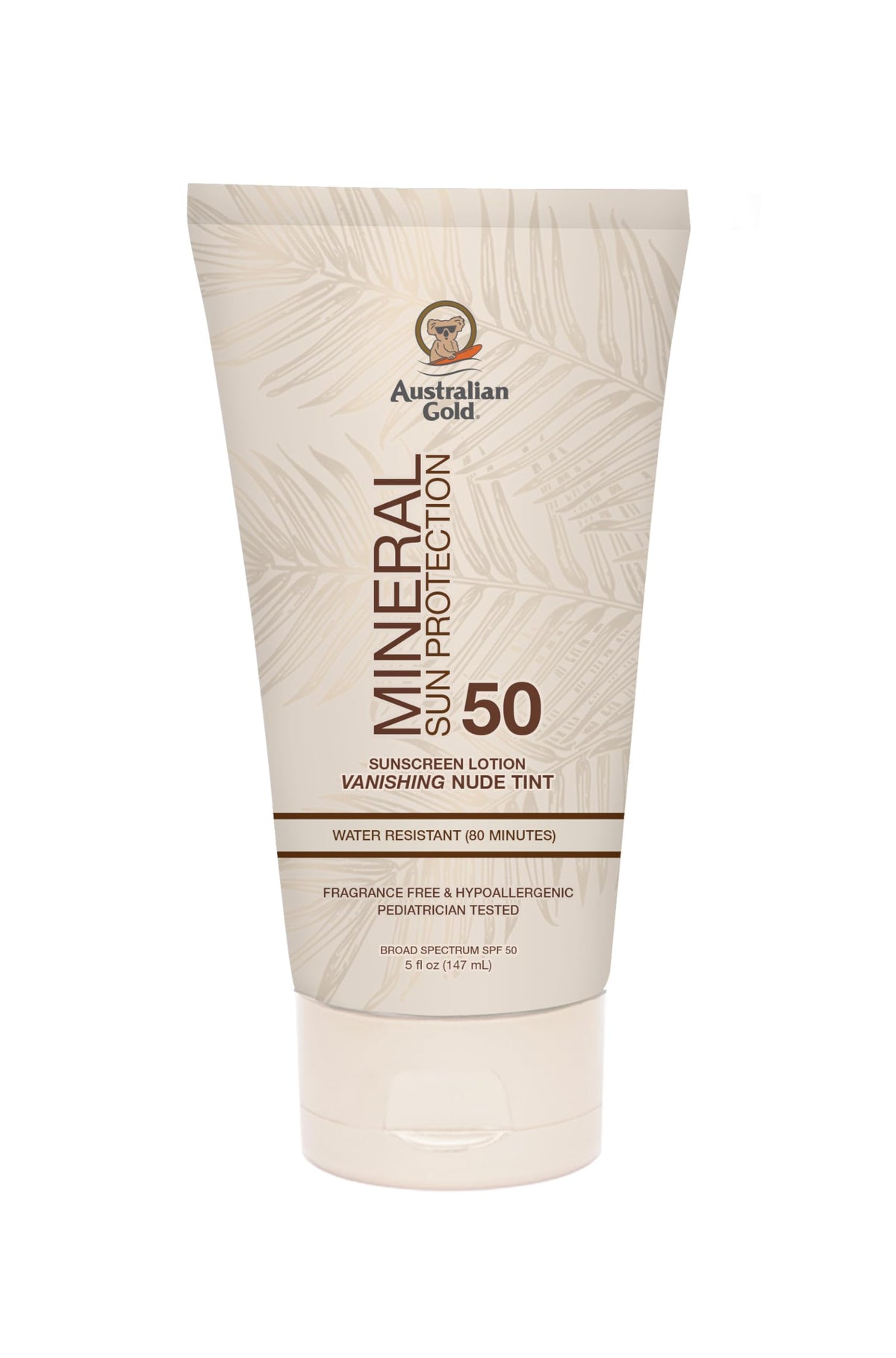 Australian Gold SPF 50 Mineral Sunscreen Vanishing Nude Tint bottle blends with all skin tones