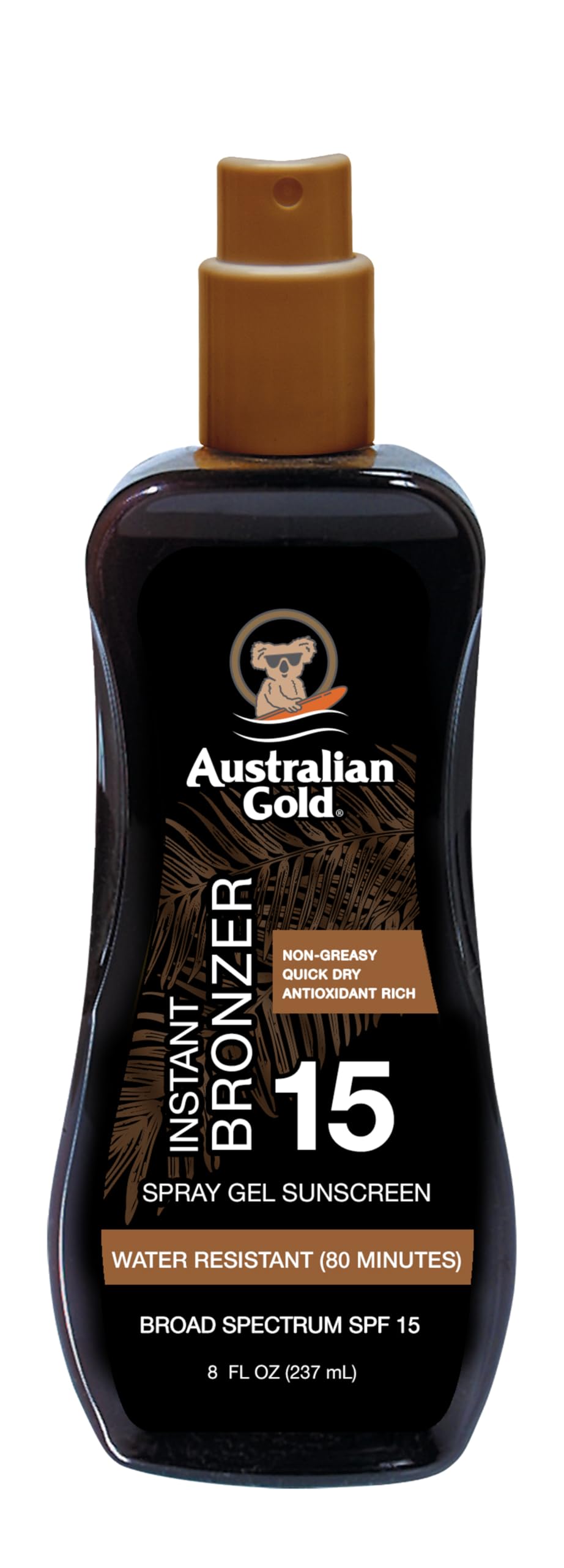 Australian Gold Spray Gel SPF 15 bottle pump for easy, controlled application and hydration.
