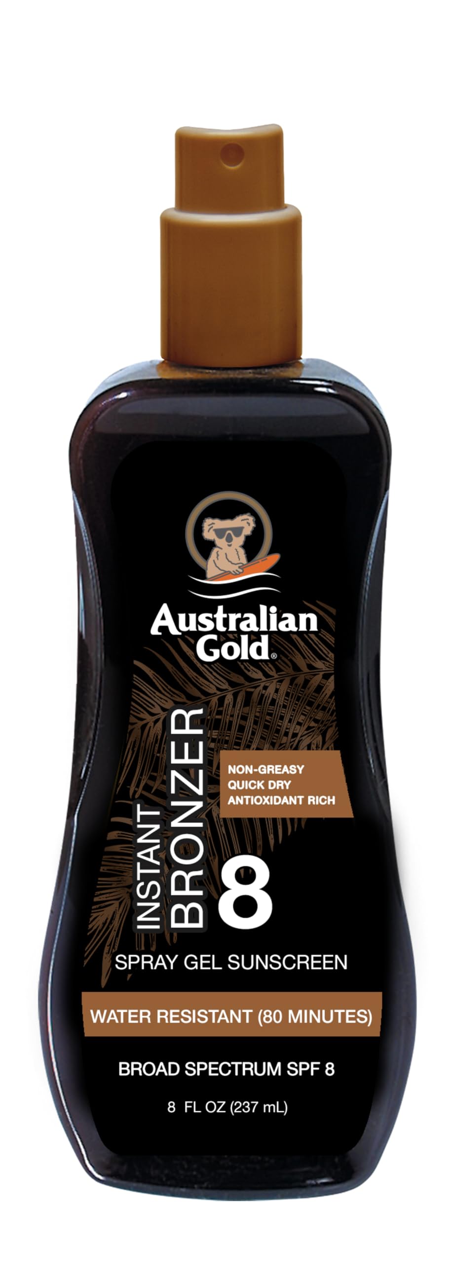 Australian Gold Spray Gel Sunscreen bottle showing easy spray application and hydration.