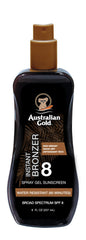 Australian Gold Spray Gel Sunscreen bottle showing easy spray application and hydration.